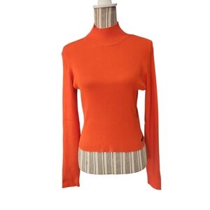 Calvin Klein Woman Vibrant Orange Ribbed Stand Up Neck Knit Sweater Blouse SizeM